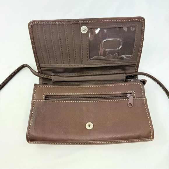 Fossil Brown Leather Exposed Stitch Trifold Crossbody Organizer Wallet Mini Bag - Picture 11 of 16